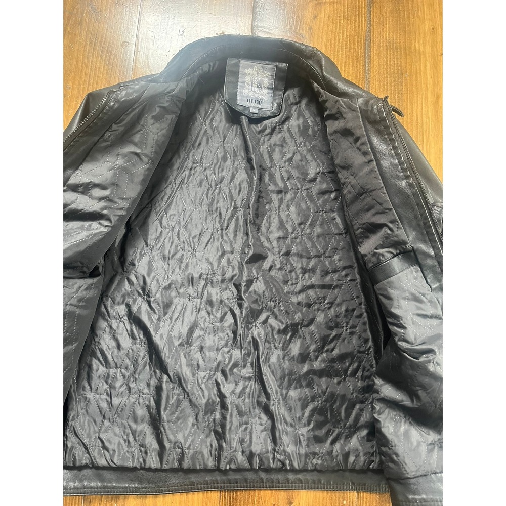 Bleu Grandeur Mens Faux Leather Moto Jacket Black Full Zip Quilted Lining Size M - Picture 5 of 7